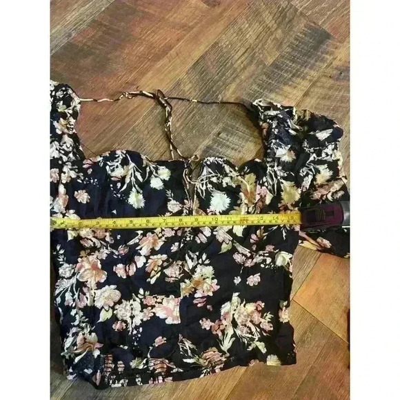 NWT $98 Free People Hilary Printed Top Size Large Black Combo Smock Puff Sleeve - Picture 6 of 6